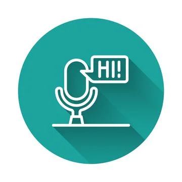 White line Microphone voice device icon isolated with long shadow background Stock Illustration