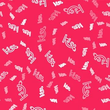 White line Microscope icon isolated seamless pattern on red background 库存插图