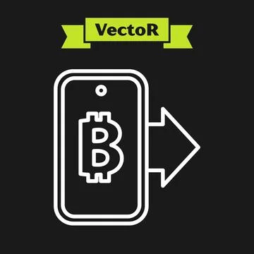 White line Mining bitcoin from mobile icon isolated on black background. Cryp Stock Illustration