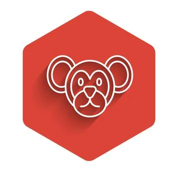 White line Monkey icon isolated with long shadow. Animal symbol. Red hexagon Stock Illustration