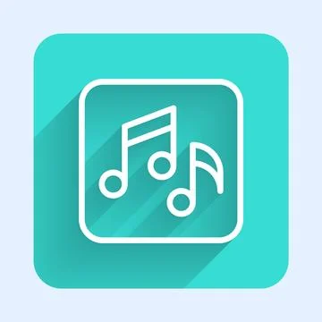 White line Music note, tone icon isolated with long shadow. Green square butt Stock Illustration