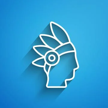 White line Native American Indian icon isolated on blue background. Long shadow Stock Illustration