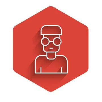 White line Nerd geek icon isolated with long shadow. Red hexagon button. Vector Illustrazione stock