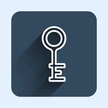 White line Old key icon isolated with long shadow background. Blue square button Illustrazione stock