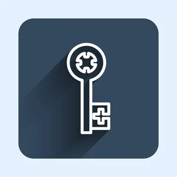 White line Old key icon isolated with long shadow background. Blue square button Illustrazione stock