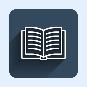 White line Open book icon isolated with long shadow background. Blue square Stock Illustration