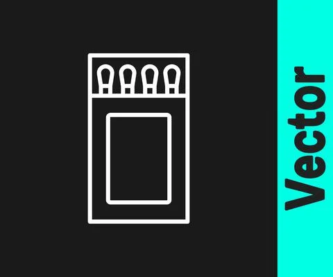 White line Open matchbox and matches icon isolated on black background. Vector Stock Illustration