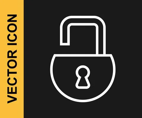 White line Open padlock icon isolated on black background. Opened lock sign Illustrazione stock
