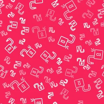 White line Open padlock icon isolated seamless pattern on red background. Opened Stock Illustration