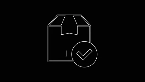 White line Package box with check mark icon isolated on black background. Parcel Stock Footage 167605597