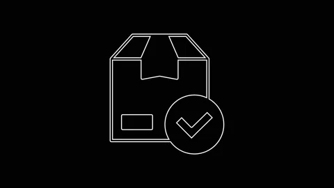 White line Package box with check mark icon isolated on black background. Parcel Stock Footage 225664681