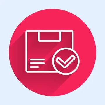 White line Package box with check mark icon isolated with long shadow. Parcel Stockillustratie
