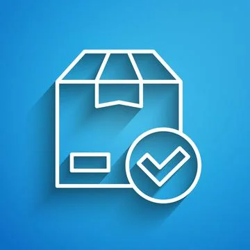White line Package box with check mark icon isolated on blue background. Parcel Stock Illustration