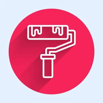 White line Paint roller brush icon isolated with long shadow. Red circle button Stock Illustration