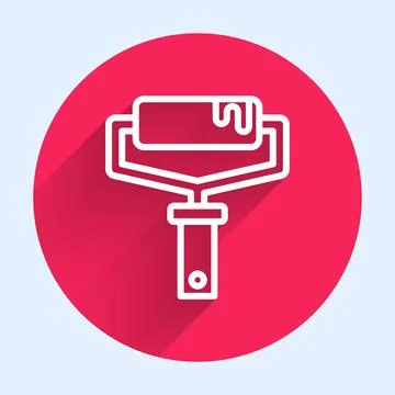 White line Paint roller brush icon isolated with long shadow. Red circle button Illustrazione stock
