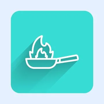 White line Pan with fire icon isolated with long shadow background. Green square Stock Illustration