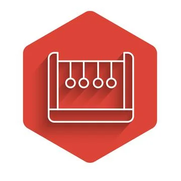 White line Pendulum icon isolated with long shadow. Newtons cradle. Red hexagon Stock Illustration