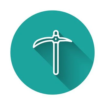 White line Pickaxe icon isolated with long shadow background. Green circle Stock Illustration