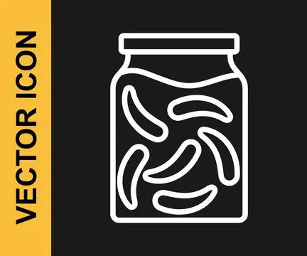 White line Pickled cucumbers in a jar icon isolated on black background. Vector Stock Illustration