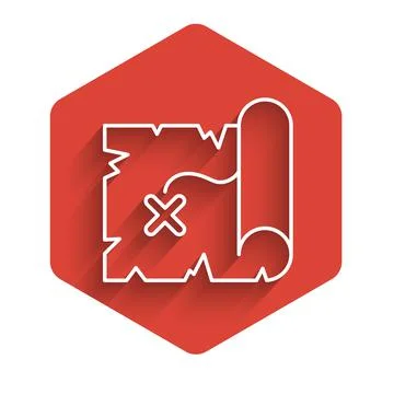 White line Pirate treasure map icon isolated with long shadow background. Red Illustrazione stock