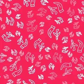 White line Plane in hand icon isolated seamless pattern on red background. Fl Stock Illustration