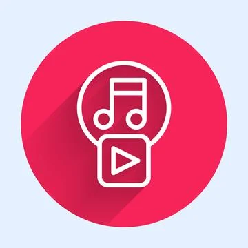 White line Play in square icon isolated with long shadow. Red circle button Stock Illustration