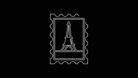 White line Postal stamp and Eiffel tower icon isolated on black background. 4K Stock Footage 161354659