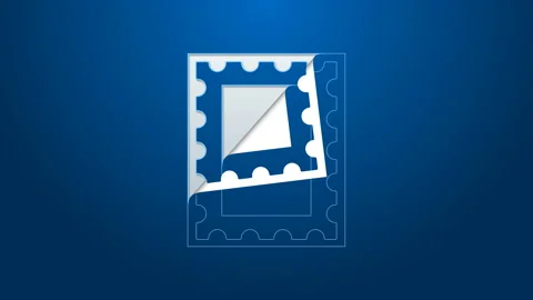 White line Postal stamp icon isolated on blue background. 4K Video motion Stock Footage 144082367