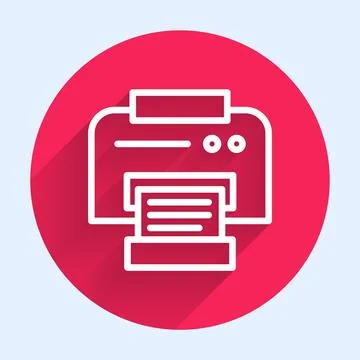 White line Printer icon isolated with long shadow. Red circle button. Vector 스톡 일러스트