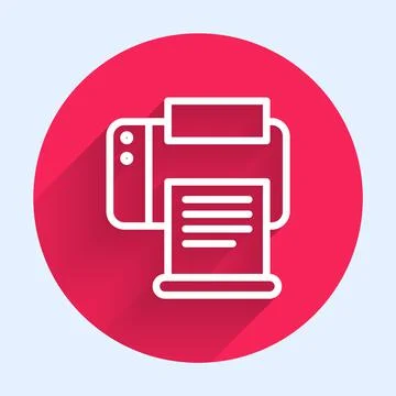 White line Printer icon isolated with long shadow. Red circle button. Vector Stock Illustration