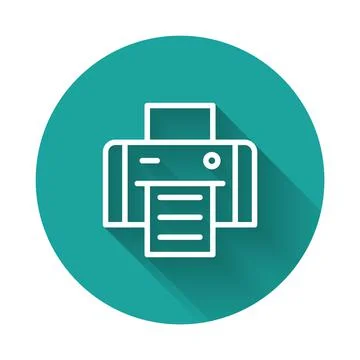 White line Printer icon isolated with long shadow. Green circle button. Vector Stock Illustration