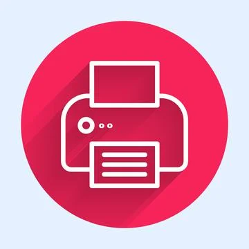 White line Printer icon isolated with long shadow background. Red circle button Stock Illustration