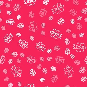 White line Queen bee icon isolated seamless pattern on red background. Sweet Illustrazione stock