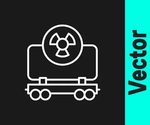 White line Radioactive cargo train wagon icon isolated on black background Stock Illustration