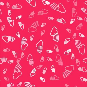 White line Rainbow with cloud icon isolated seamless pattern on red background Stock Illustration