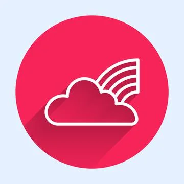 White line Rainbow with clouds icon isolated with long shadow. Red circle button Illustrazione stock