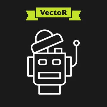 White line Robot icon isolated on black background. Artificial intelligence Illustrazione stock