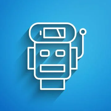 White line Robot low battery charge icon isolated on blue background. Artificial Stock Illustration