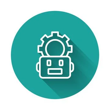 White line Robot setting icon isolated with long shadow background. Artificial Illustrazione stock