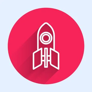White line Rocket ship icon isolated with long shadow. Space travel. Red circle Illustrazione stock