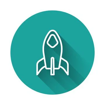 White line Rocket ship icon isolated with long shadow background. Space travel Illustrazione stock