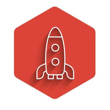 White line Rocket ship icon isolated with long shadow. Space travel. Red hexagon Illustrazione stock