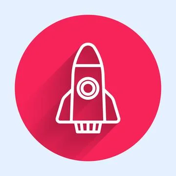 White line Rocket ship icon isolated with long shadow background. Space travel Stock Illustration