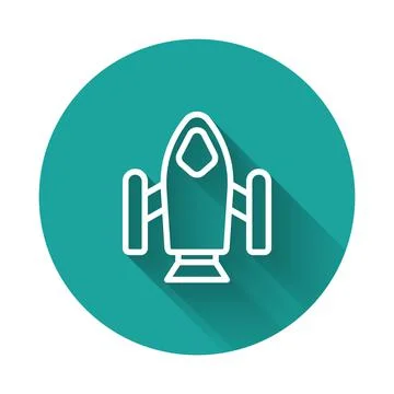 White line Rocket ship icon isolated with long shadow background. Space travel Stock Illustration