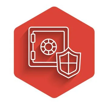 White line Safe with shield icon isolated with long shadow. Insurance concept Ilustración de archivo