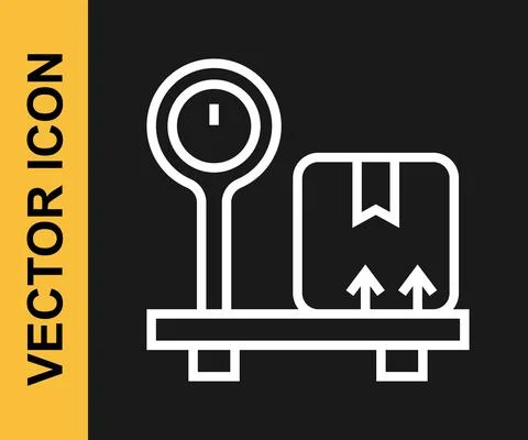 White line Scale with cardboard box icon isolated on black background. Logistic Stock Illustration