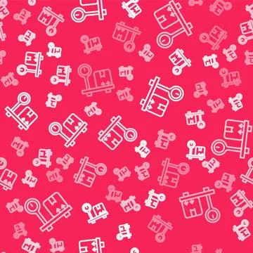 White line Scale with cardboard box icon isolated seamless pattern on red Illustration
