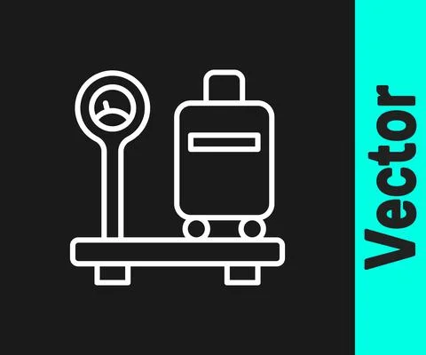 White line Scale with suitcase icon isolated on black background. Logistic and 스톡 일러스트