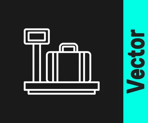 White line Scale with suitcase icon isolated on black background. Logistic and Illustrazione stock