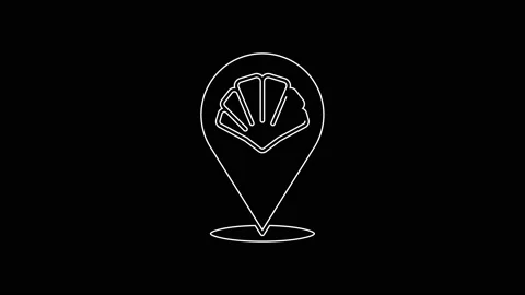 White line Scallop sea shell icon isolated on black background. Seashell sign Stock Footage 167591076